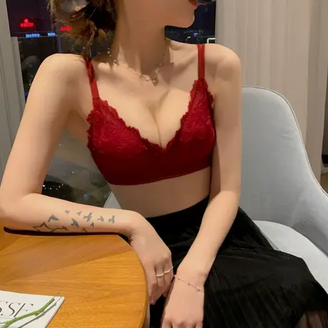 红色内衣女法式薄款蕾丝本命年结婚bra小胸聚拢无钢圈文胸套装图片