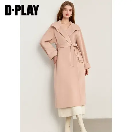 DPLAY 冬新定制灰橘粉大翻领浴袍风重磅长款宽松双面毛呢大衣商品大图