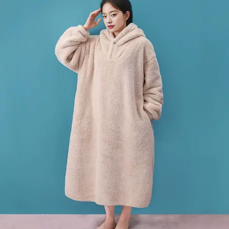 珊瑚绒连帽套头睡裙女冬加绒加厚长款连体睡袍加肥加大商品大图