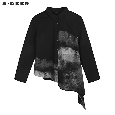sdeer圣迪奥女春秋装休闲翻领水墨晕染不规则衬衫S21180517图片