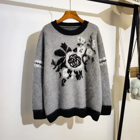 暗黑玫瑰毛衣女套头秋冬新款宽松慵懒遮肉显瘦重工针织衫上衣外穿商品大图