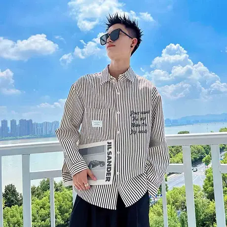 条纹秋季新款长袖衬衫男上衣宽松休闲韩版衬衣外套高级感小众上衣商品大图