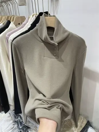 设计感高领纽扣装饰磨毛长袖T恤女2024秋冬新款休闲亲肤百搭上衣商品大图