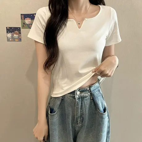 修身v领短袖T恤女夏设计感小众短款高腰辣妹上衣2023新款夏季t桖商品大图