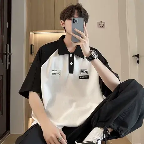 夏季贴标撞色短袖t恤男女潮流宽松半袖情侣装oversize设计感上衣图片