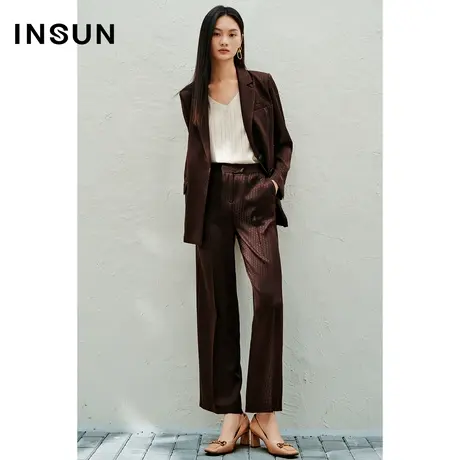 INSUN恩裳春季复古摩登咖啡色桑蚕丝直筒裤商品大图