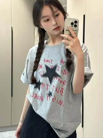 美式复古正肩纯棉短袖t恤女夏季大码慵懒风半袖设计感小众上衣服商品大图