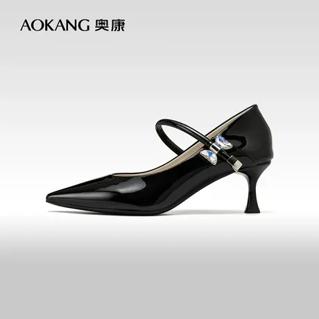 【银色高跟鞋】奥康女鞋 新款法式尖头商务一字搭扣单鞋图片