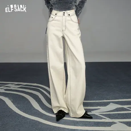 妖精的口袋白色宽松直筒牛仔裤女2024早春新款高腰显瘦设计感长裤图片