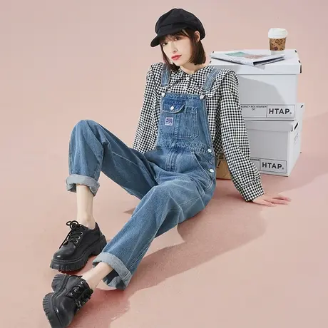 唐狮春秋季新款牛仔背带裤子女宽松阔腿直筒韩版潮流百搭减龄个性商品大图