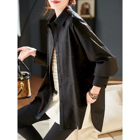 宝诗黎重工烫钻棉质长袖衬衫2024新款宽松休闲春季职业通勤黑衬衣图片