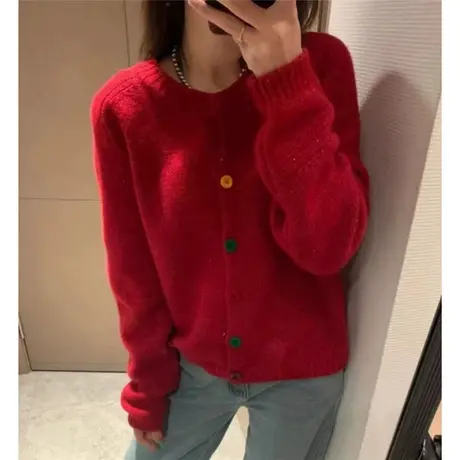 2024年早春新款女装红色针织毛衣开衫外套女秋冬2023绝美别致上衣图片