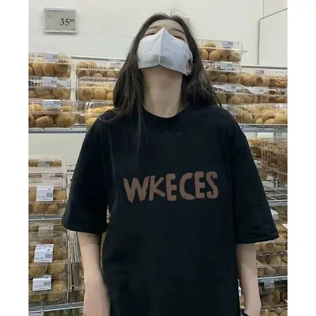 纯棉黑色夏季短袖t恤女小个子美式复古oversize宽松休闲学生上衣商品大图