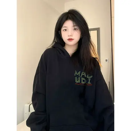 银狐绒连帽卫衣女秋冬加绒oversize小众设计感美式潮ins外套上衣图片