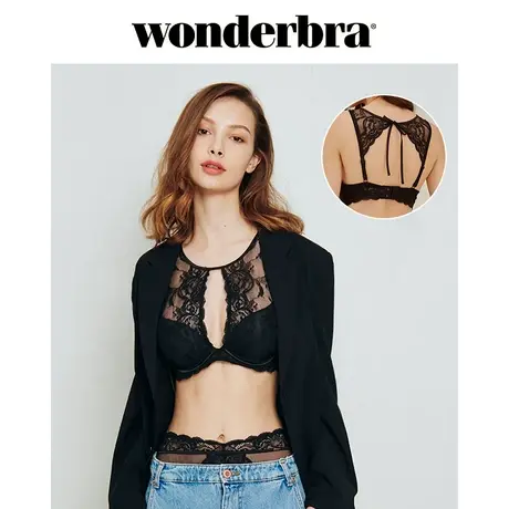 WONDERBRA黑色长款网纱美背系带性感舒适少女蕾丝胸罩内衣女文胸商品大图