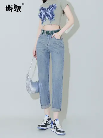 怀旧蓝弹力高腰牛仔垮裤2024年春季新款休闲宽松老爹裤百搭哈伦裤图片