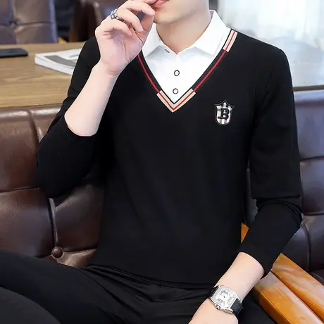 2023秋季假两件长袖t恤男士纯棉潮流打底polo衫刺绣花休闲上衣服商品大图