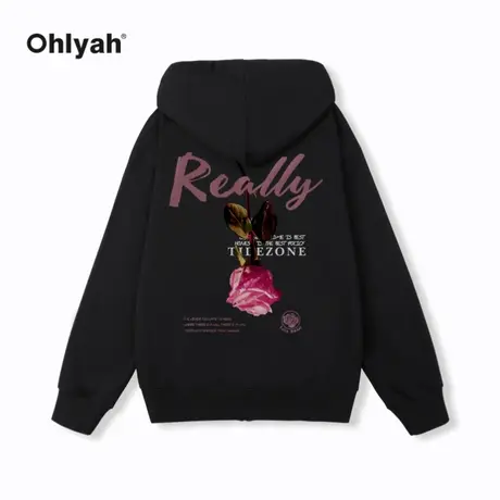 Ohlyah品牌玫瑰花卉秋冬连帽拉链外套韩版休闲情侣同款班服卫衣商品大图