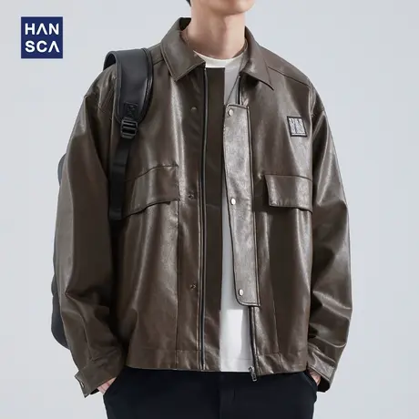 hansca秋季复古皮衣男士秋冬款机车夹克美式街头潮牌休闲翻领外套商品大图
