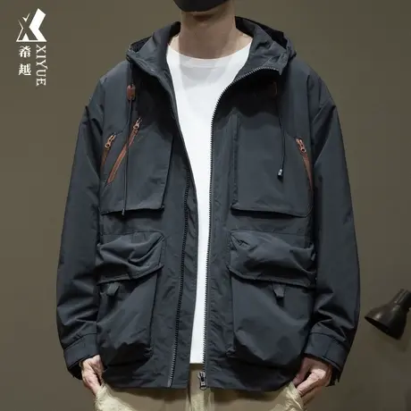 希越户外工装多口袋夹克男2024春秋宽松大码风衣潮牌男士防风外套商品大图