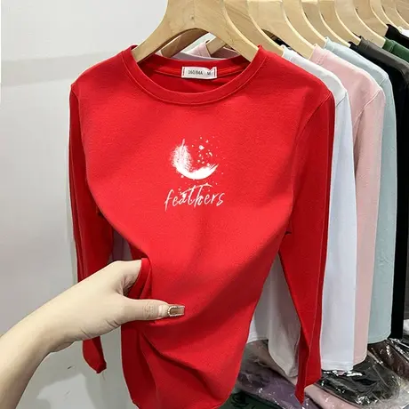 春秋纯棉长袖t恤女圆领修身显瘦正肩红色高级感洋气上衣减龄韩版图片