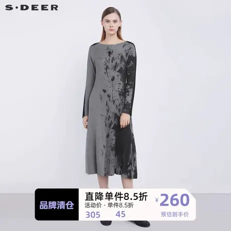 sdeer圣迪奥女装休闲圆领水墨晕染针织长袖连衣裙S21481216图片