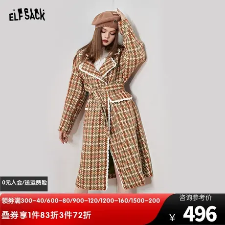 妖精的口袋小香风毛呢大衣女2022秋冬季新款格子中长款粗花呢外套图片