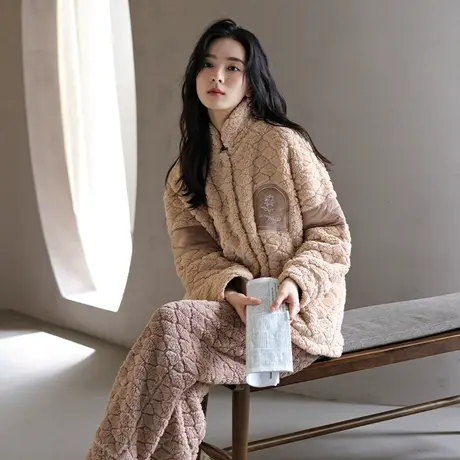 婷美新款保暖珊瑚绒睡衣女士秋冬款宽松大码加厚套装可外出家居服商品大图