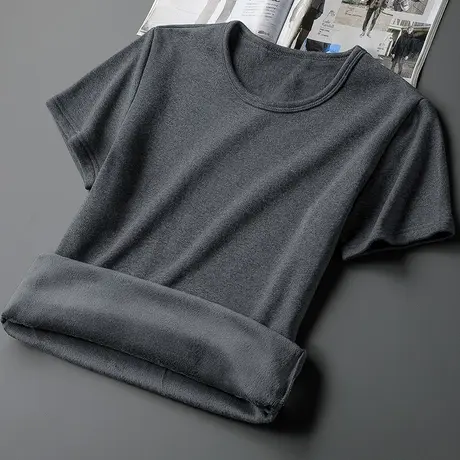 圆领短袖t恤男潮流秋冬季保暖加绒加厚半袖内搭打底衫纯色上衣服商品大图