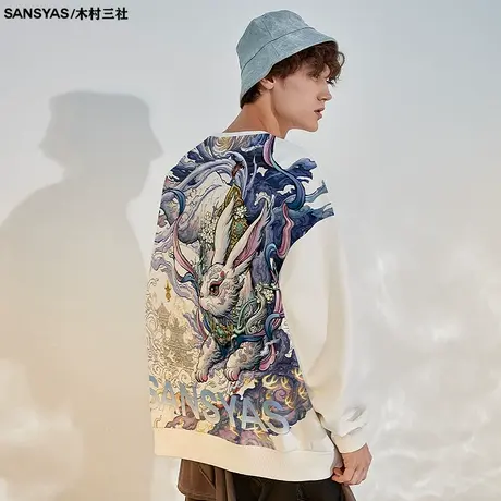 木村三社x心境澄明卯兔圆领白色卫衣男宽松长袖t恤高街ins潮冬季商品大图