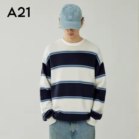 A21男装宽松圆领毛衣秋冬季复古条纹针织衫情侣装上衣潮牌毛衫图片