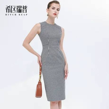 希区瑞普高端时尚职业包臀裙2023秋新款女显瘦无袖圆领格纹连衣裙图片