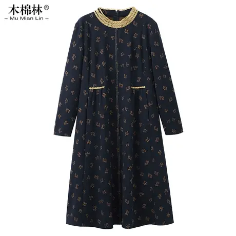 2023秋季休闲别致大码女装圆领花朵设计连衣裙胖MM显瘦气质长袖裙商品大图