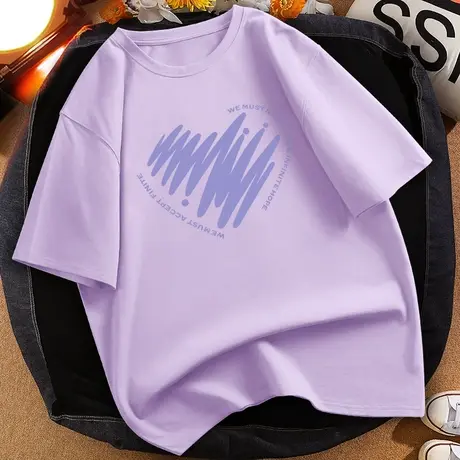 紫色夏季短袖t恤女纯棉宽松小众不撞款上衣2023年新款女装半截袖商品大图