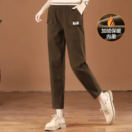韩潮袭人松紧腰加绒工装休闲裤女2023冬季新款显瘦哈伦老爹长裤图片