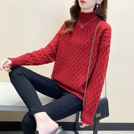 卷边领毛衣女宽松外穿秋装女2023年新款亮片菱形小格子针织打底衫商品大图
