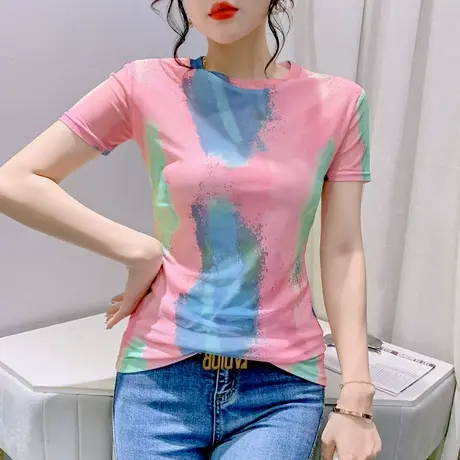 欧货网纱T恤女短袖2023夏季新款气质减龄扎染印花上衣显瘦小衫ins商品大图