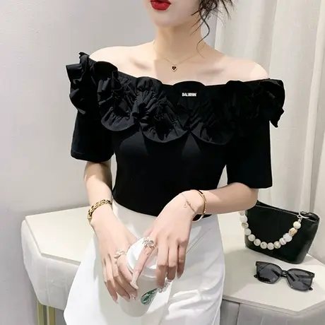 一字肩女装2023新款性感气质T恤短袖修身百搭小衫别致荷叶边上衣商品大图