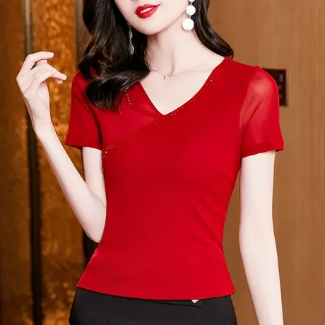 夏装新款性感V领钉珠t恤女短袖纯色百搭网纱小衫修身显瘦别致上衣商品大图