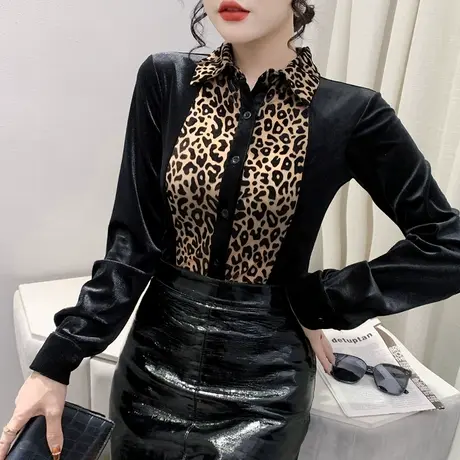欧货豹纹衬衫女长袖2023秋季新款洋气丝绒打底衫显瘦修身长袖上衣图片