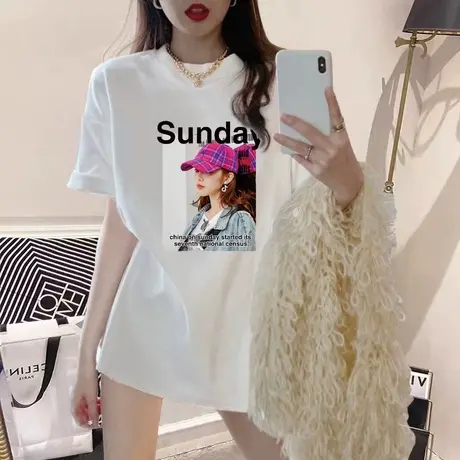 白色短袖t恤女2023年夏季新款设计感小众美式复古中长款纯棉上衣商品大图