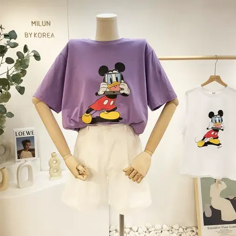 2021新款短袖女韩国东大门ins原宿风港味休闲卡通T恤糖果色紫色潮商品大图