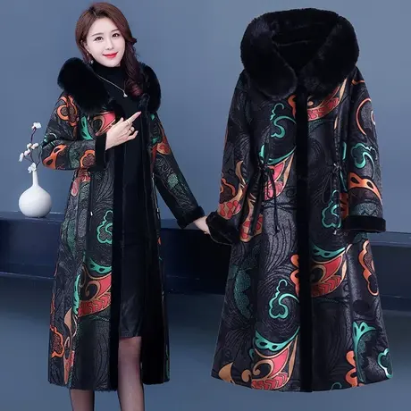 冬季外套女加绒加厚鹿皮绒长款风衣收腰款印花双面穿皮毛一体大衣图片