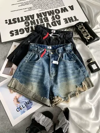 复古磨破卷边牛仔短裤女2023春夏新款松紧显瘦百搭高腰宽松阔腿裤图片