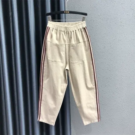 2023秋季新款宽松百搭松紧腰牛仔哈伦裤女潮学院风撞色老爹裤垮裤图片