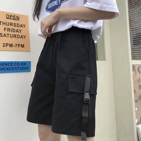 工装短裤女潮ins宽松高腰直筒港味显瘦百搭五分中裤运动阔腿裤子图片