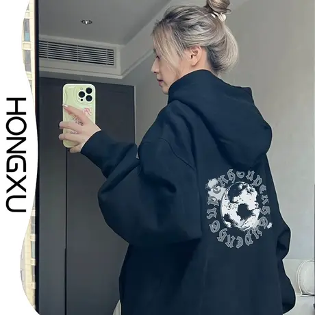 红续美式hiphop高街女孩艺术印花连帽卫衣黑色宽松显瘦套头上衣图片