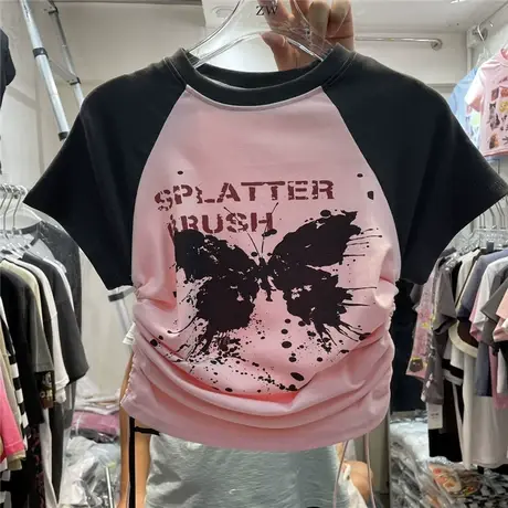 十三行女装2023夏季新款套头圆领字母蝴蝶印花拼色收腰抽绳短袖T商品大图