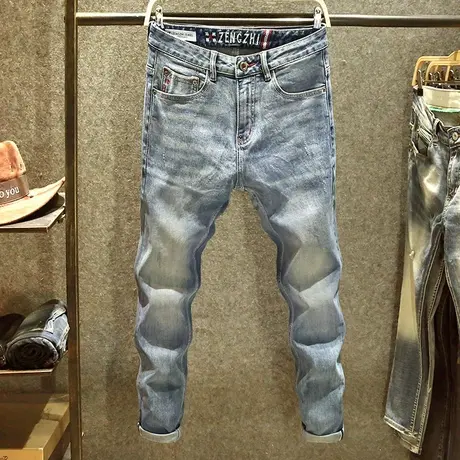 高端面料牛仔裤男时尚百搭小脚裤日系复古痞帅修身直筒弹力长裤子商品大图