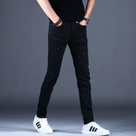 黑色烫钻花轻奢牛仔裤男款修身小脚裤子2023新款休闲弹力高端潮牌商品大图